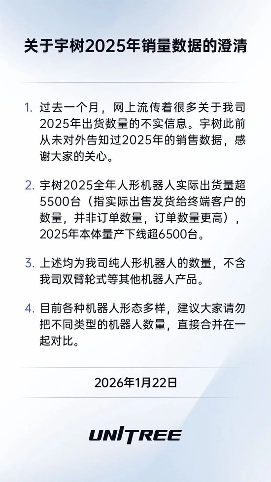 宇树科技：2025全年人形机器人实际出货量超5500台